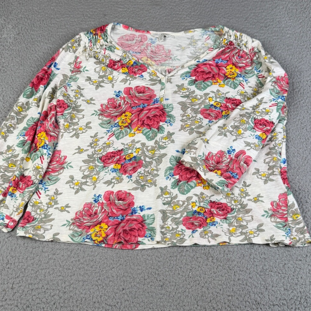 Lucky Brand Top Women Large White Red Floral Henley Smocked Shoulder Long Sleeve